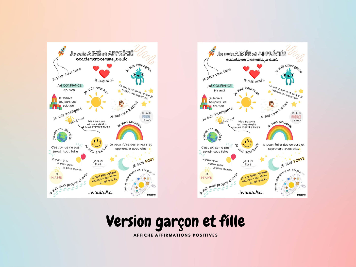 Affiche affirmations positives pour enfant en version garçon ou fille
