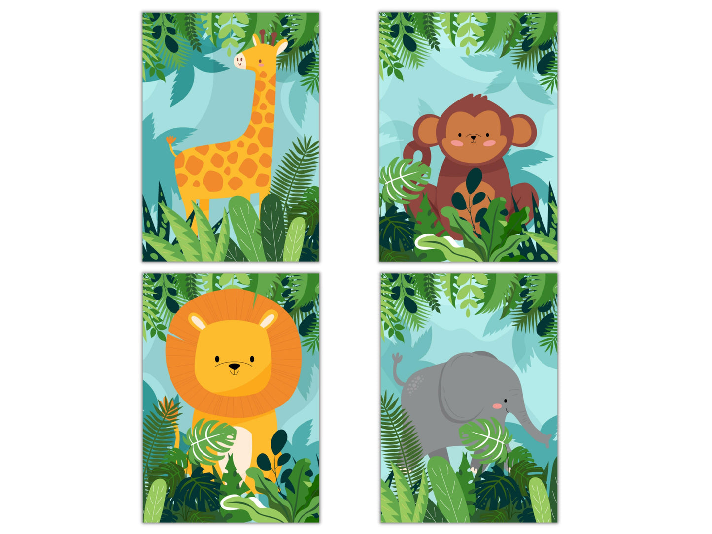Jungle Animal Posters Elephant Lion Giraffe Monkey - baby children's room 4 posters - decoration boy girl birth - safari dco