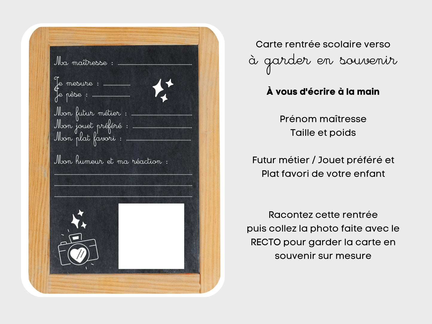 Carte ardoise souvenir photo rentrée scolaire