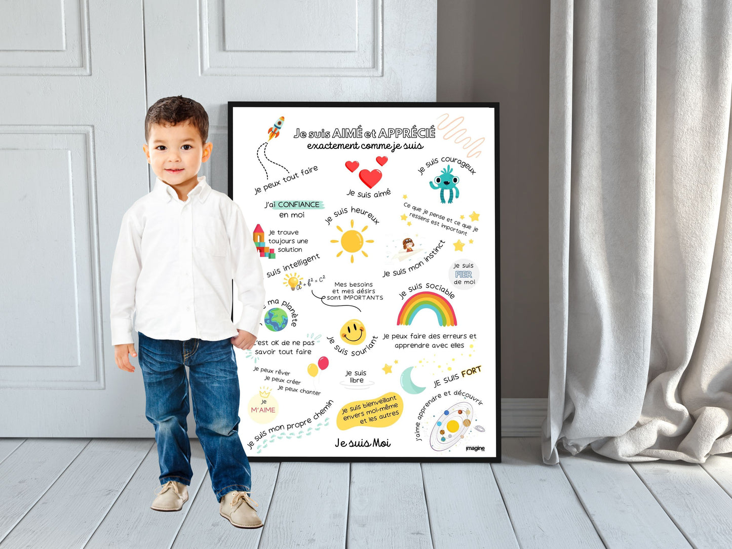 Affiche affirmations positives pour enfant en version garçon ou fille