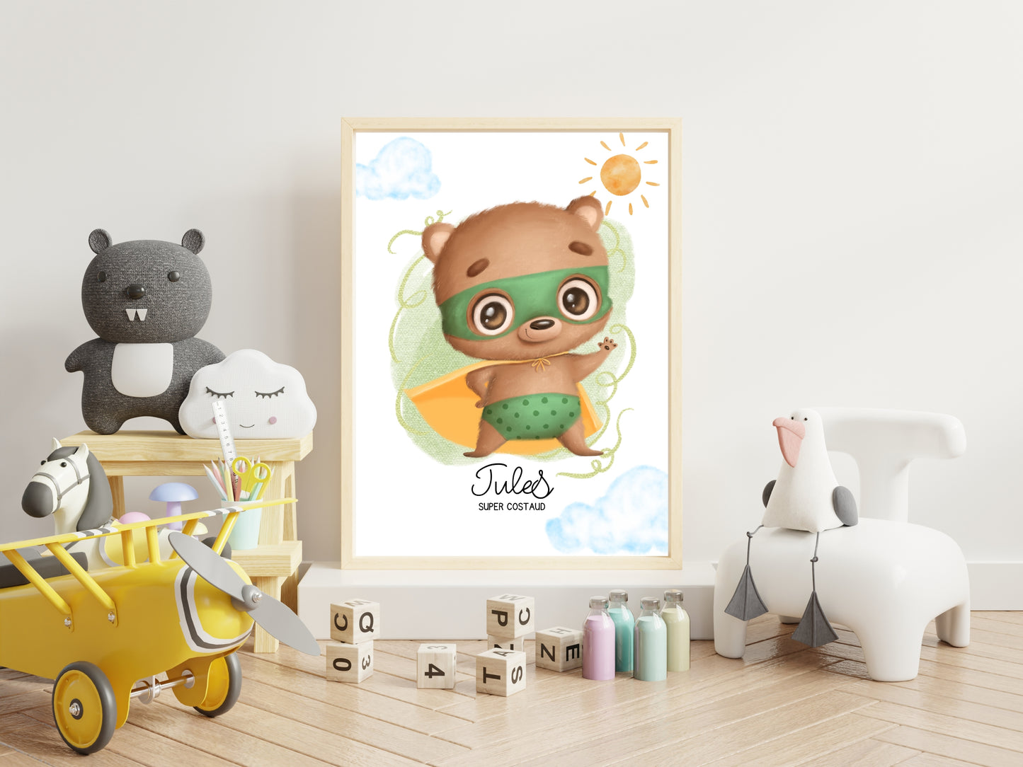Affiche super héros mignon personnalisable avec prénom et qualité de l'enfant