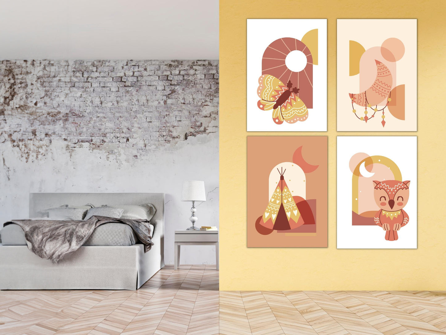 Affiches hibou tipi lune papillon thème boho bohème
