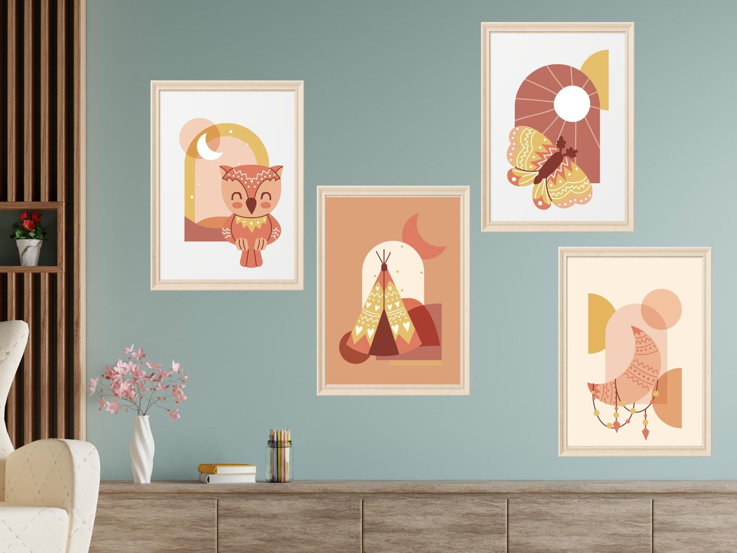 Affiches hibou tipi lune papillon thème boho bohème
