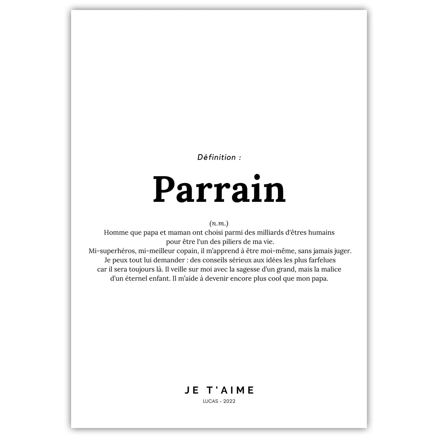 Affiche cadeau parrain baptême - définition design et émouvante