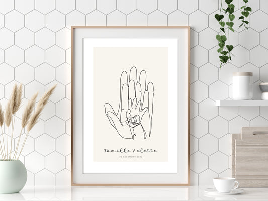 Affiche main papa maman et deux enfants/bébés personnalisable