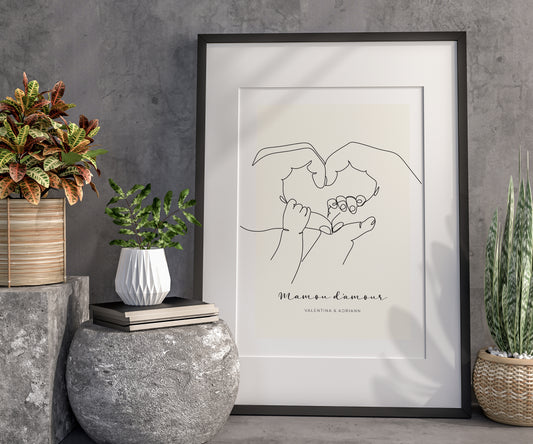 Affiche 4 mains famille personnalisable - Line art baby
