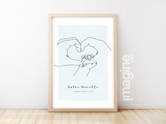 Affiche main coeur parent bébé personnalisable - Line art coeur parents bébé
