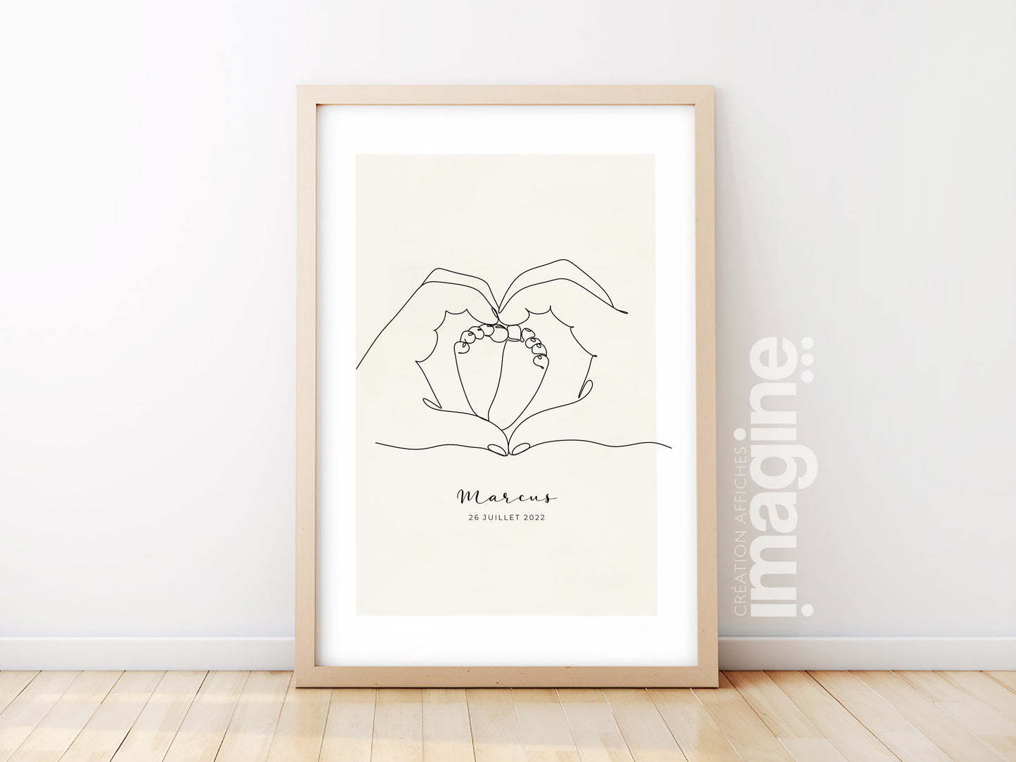 Affiche main coeur pieds bébé personnalisable - Line art parents bébé pieds