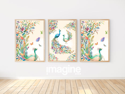 3 watercolor style Peacock posters