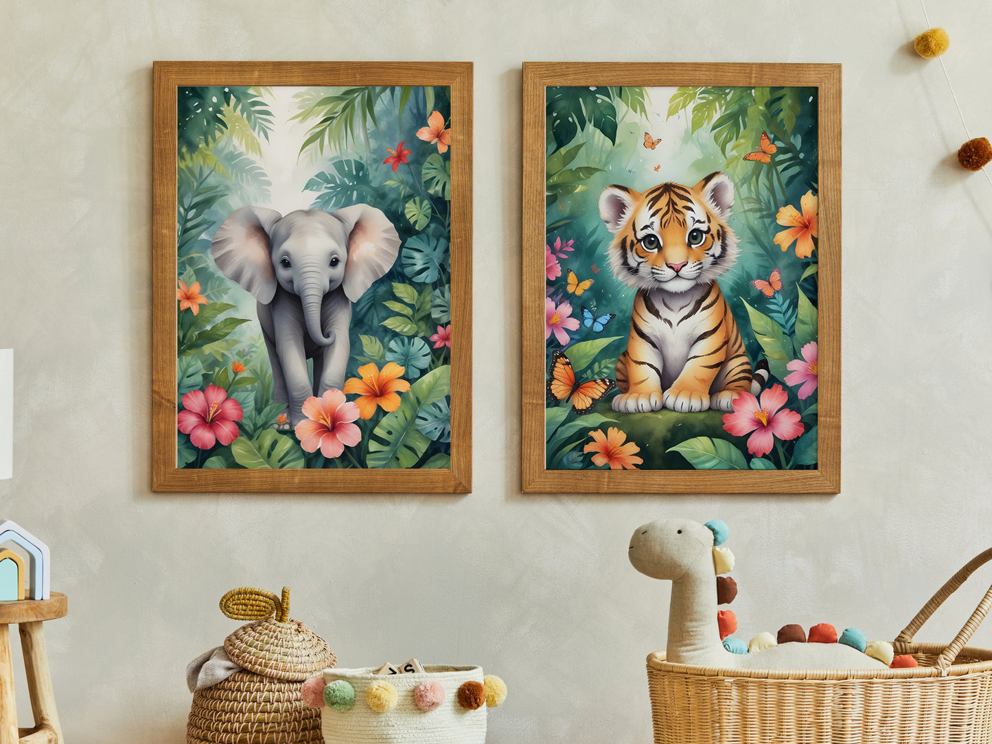 Affiche Animaux de la Jungle pour Chambre d'Enfant avec bébé tigre, éléphant et panda