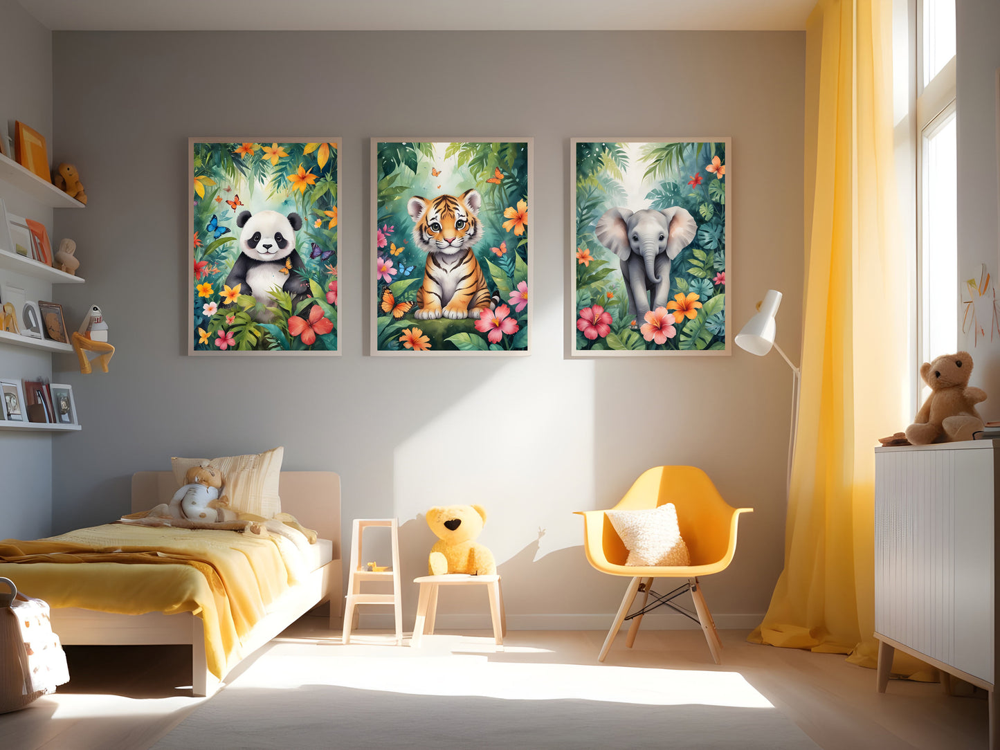 Affiche Animaux de la Jungle pour Chambre d'Enfant avec bébé tigre, éléphant et panda