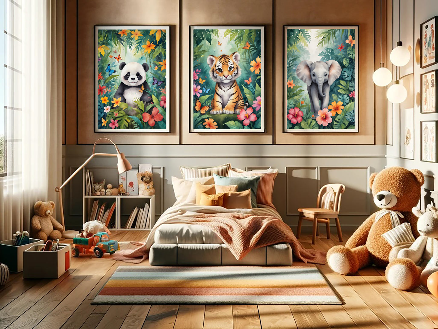 Affiche Animaux de la Jungle pour Chambre d'Enfant avec bébé tigre, éléphant et panda
