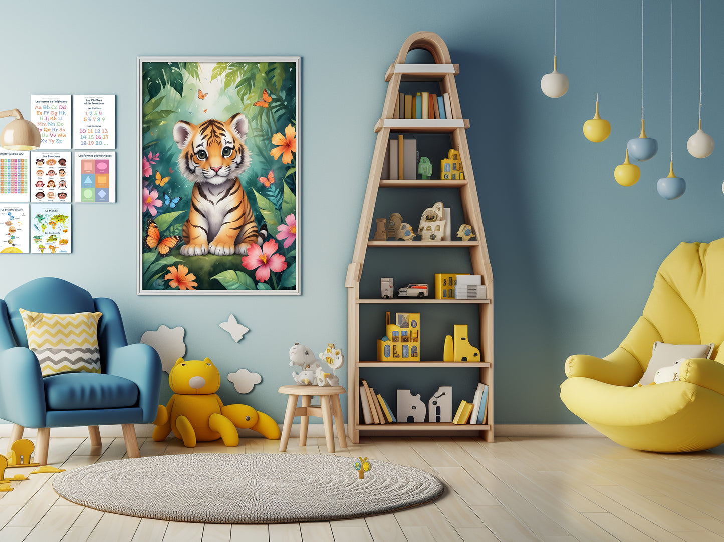 Affiche Animaux de la Jungle pour Chambre d'Enfant avec bébé tigre, éléphant et panda