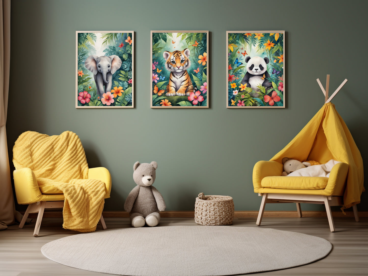 Affiche Animaux de la Jungle pour Chambre d'Enfant avec bébé tigre, éléphant et panda