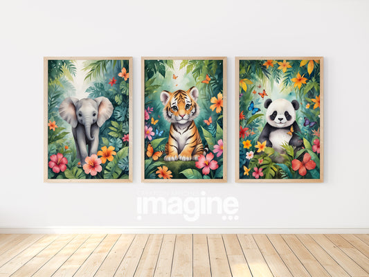Affiche Animaux de la Jungle pour Chambre d'Enfant avec bébé tigre, éléphant et panda