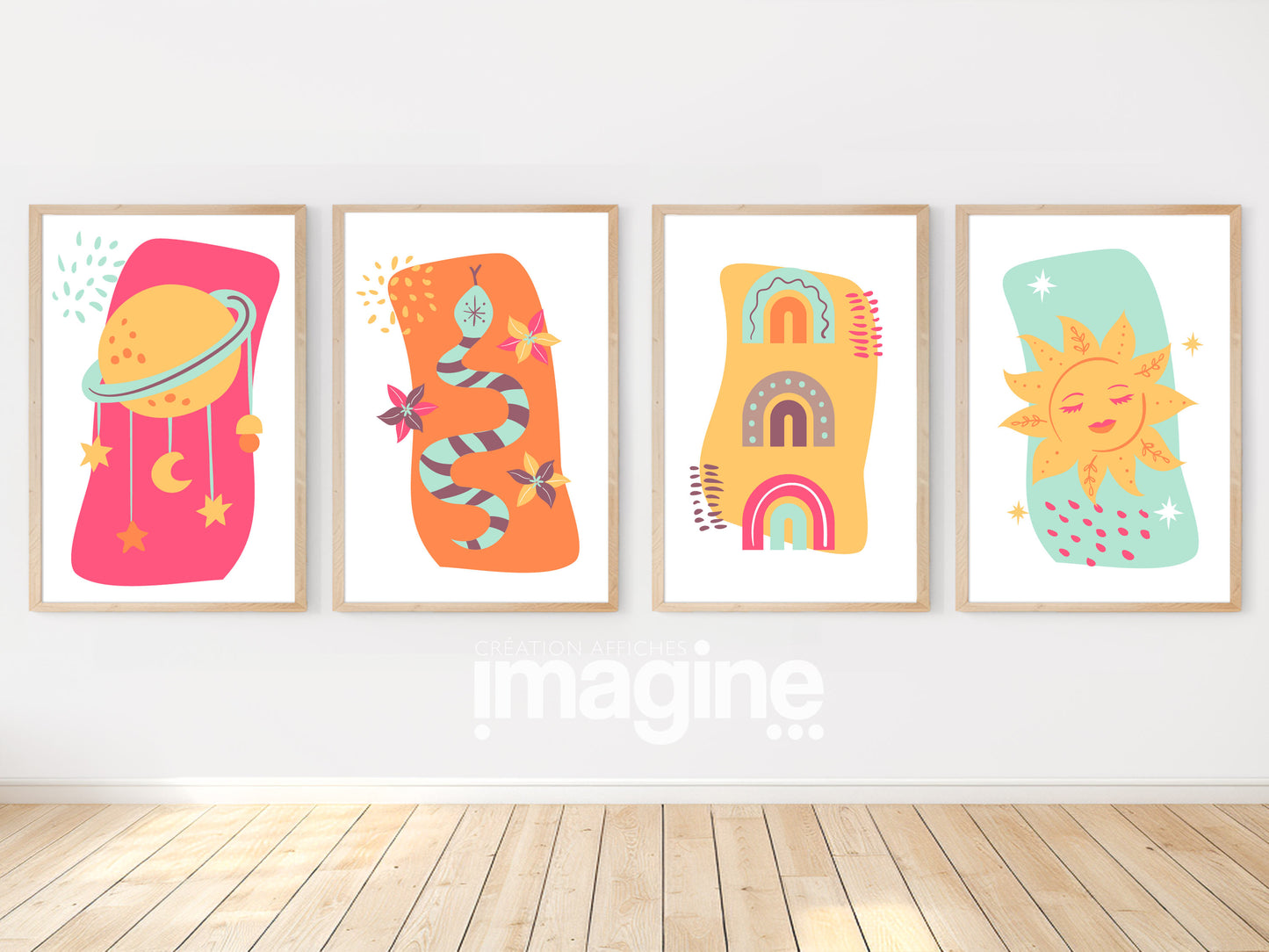 Bohemian posters in colors Sun Rainbow - baby children's room 4 posters - Decoration boy girl birth - boho poster poster