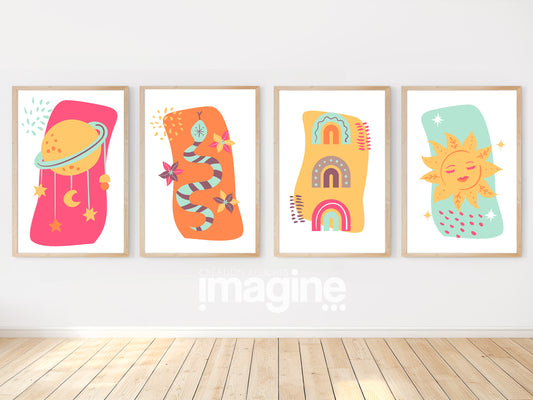 Bohemian posters in colors Sun Rainbow - baby children's room 4 posters - Decoration boy girl birth - boho poster poster