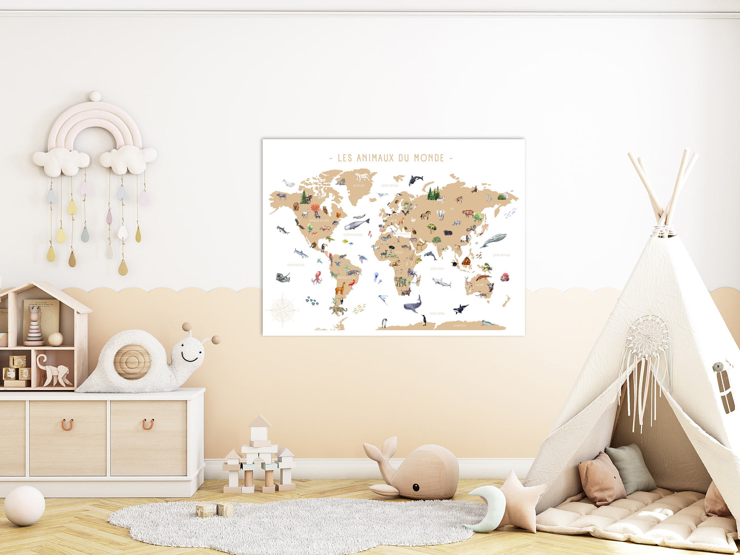 Carte du monde des animaux style aquarelle - Éducative et Esthétique