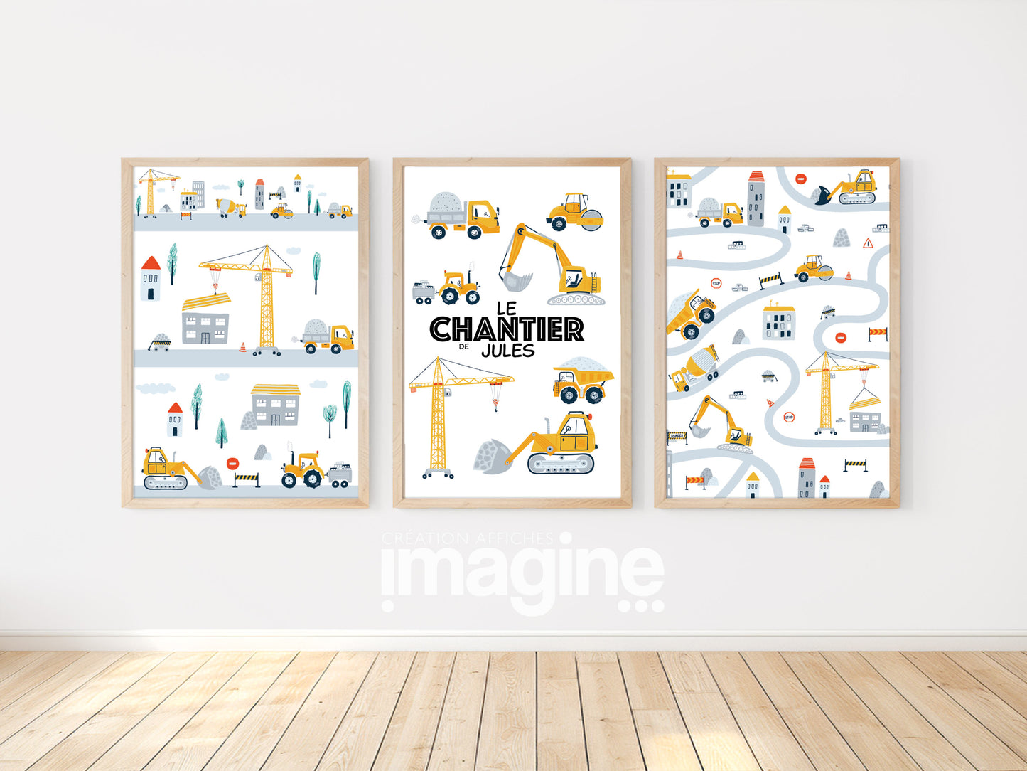 Lot of posters "Le Chantier de ... (child's first name)" with backhoe truck for children's room to personalize
