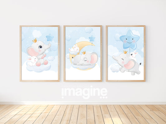 Cute elephant posters - 3 baby children's bedroom posters - Boy decoration - baby birth gift - animal wall frame - print