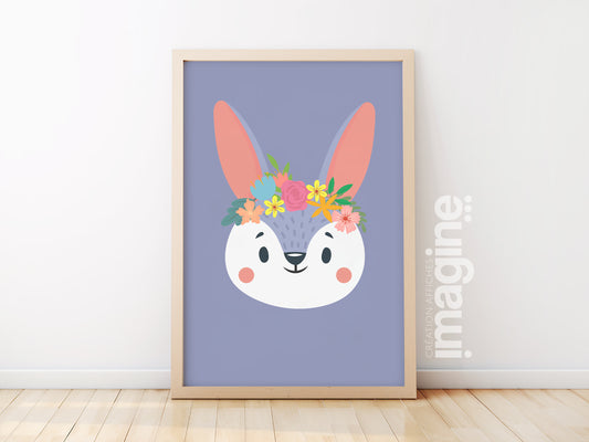 Affiche lapin Animaux portrait romantique à fleurs