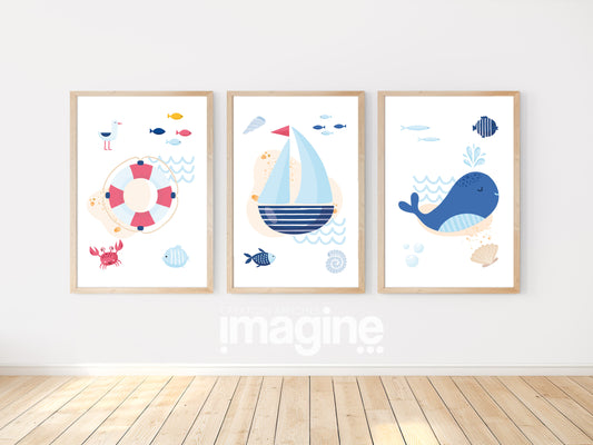 Posters sailor boat fish whale shell - 3 posters baby child room - Decoration - birth gift - ocean sea - bb deco ocean