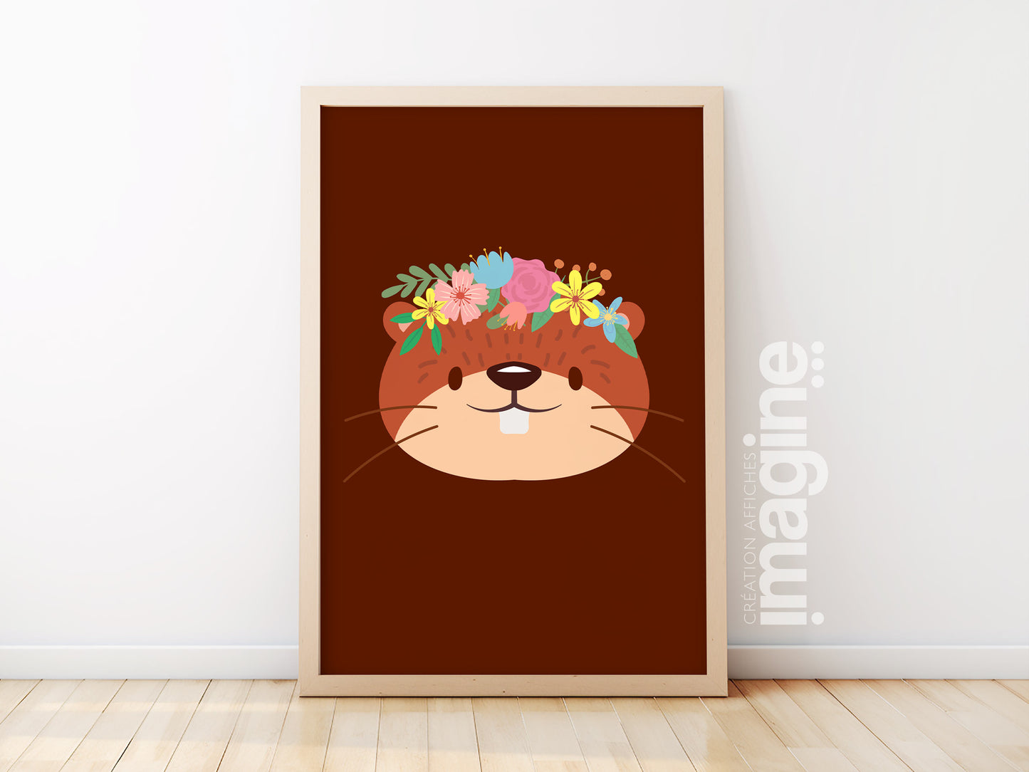 Affiche castor Animaux portrait romantique à couronne de fleurs