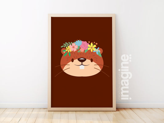 Affiche castor Animaux portrait romantique à couronne de fleurs