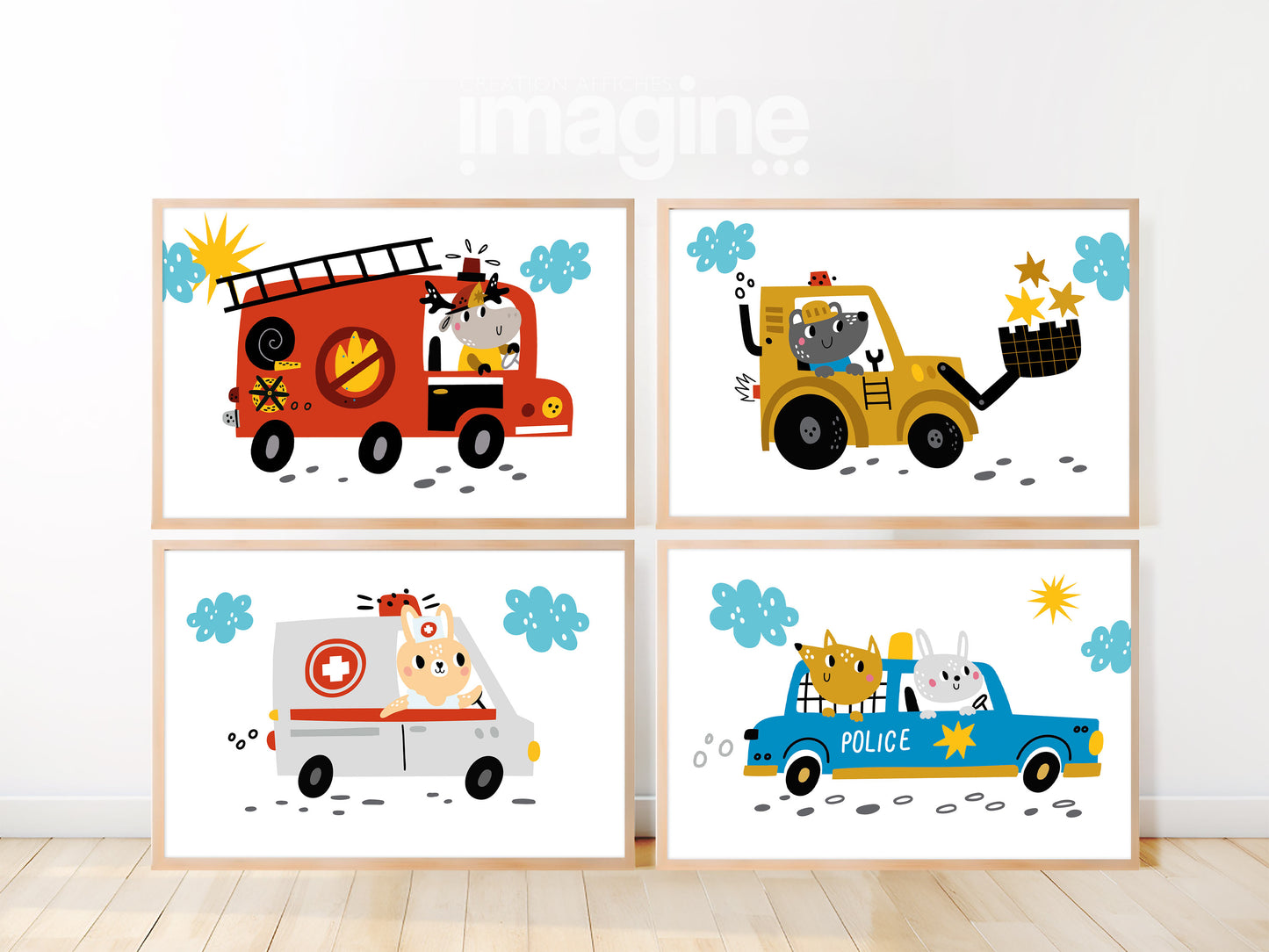 4 affiches tractopelle de chantier, voiture police, camion pompier et ambulance