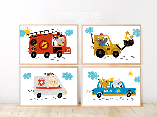 4 affiches tractopelle de chantier, voiture police, camion pompier et ambulance