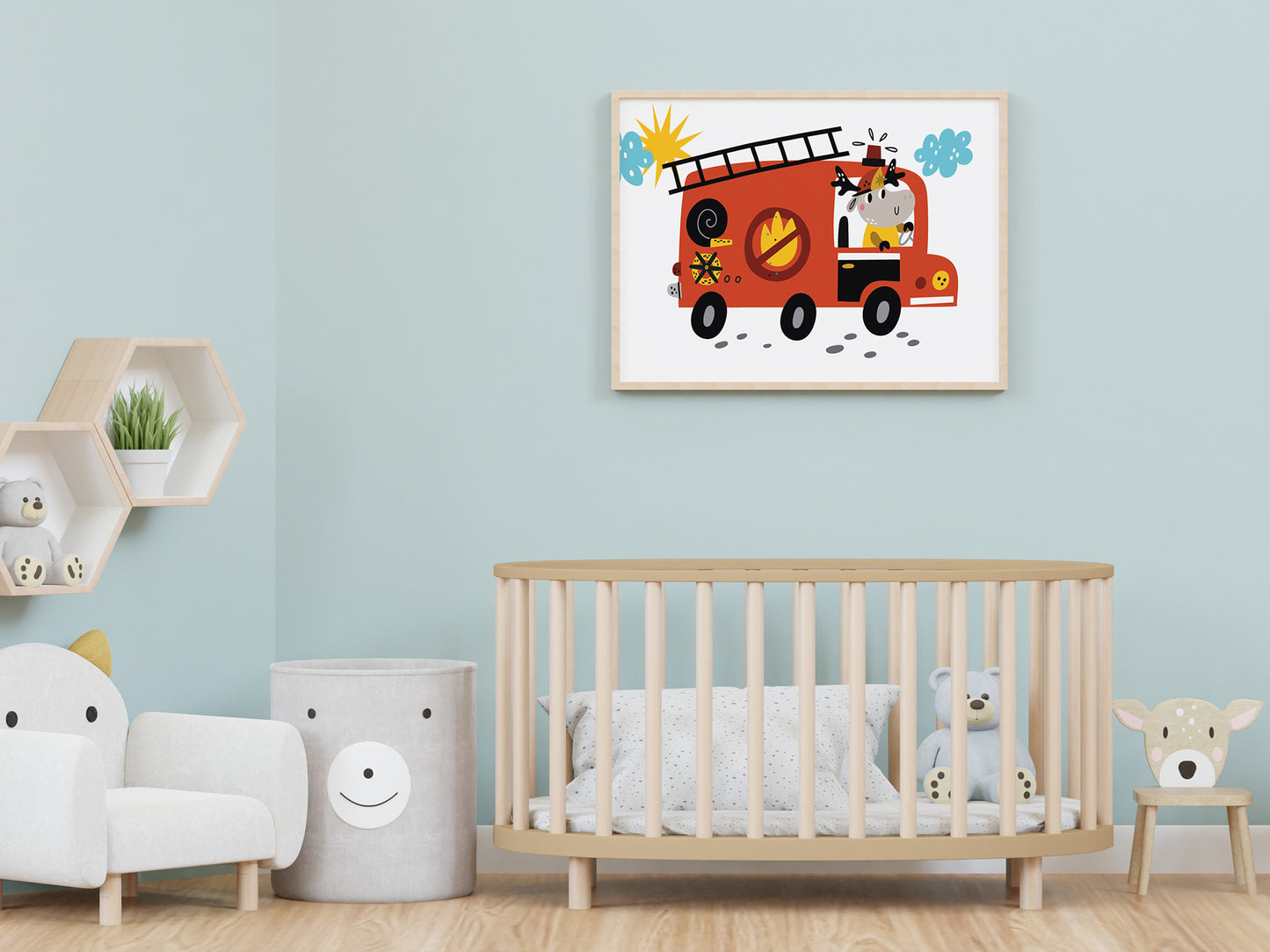 4 affiches tractopelle de chantier, voiture police, camion pompier et ambulance