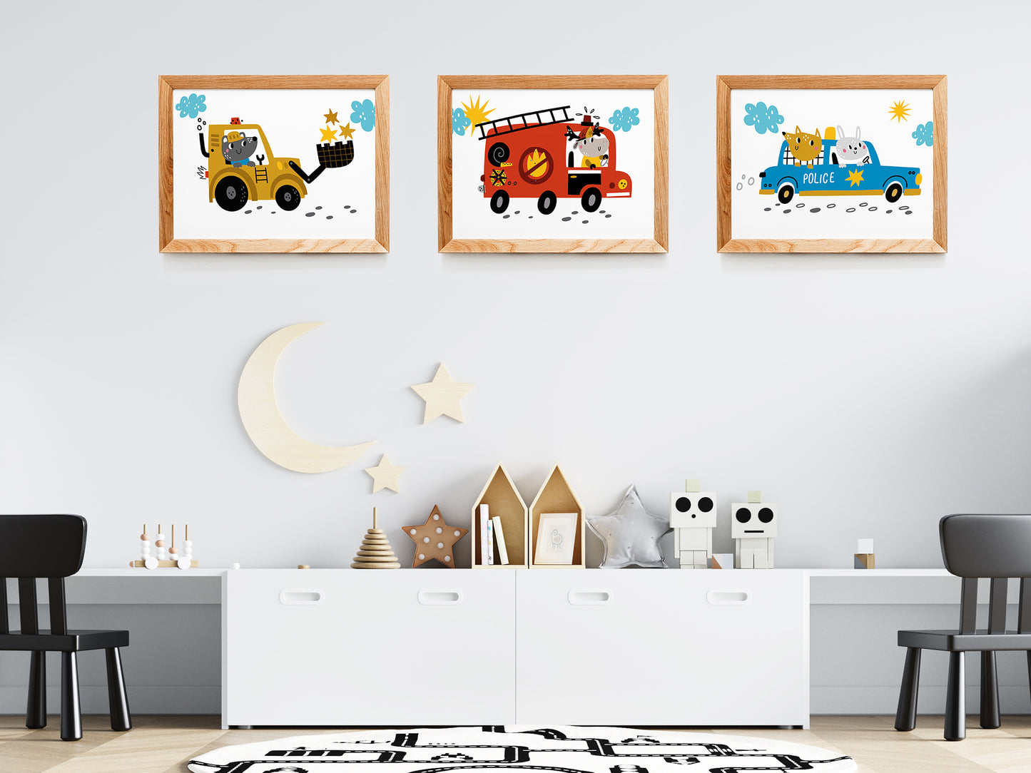 4 affiches tractopelle de chantier, voiture police, camion pompier et ambulance