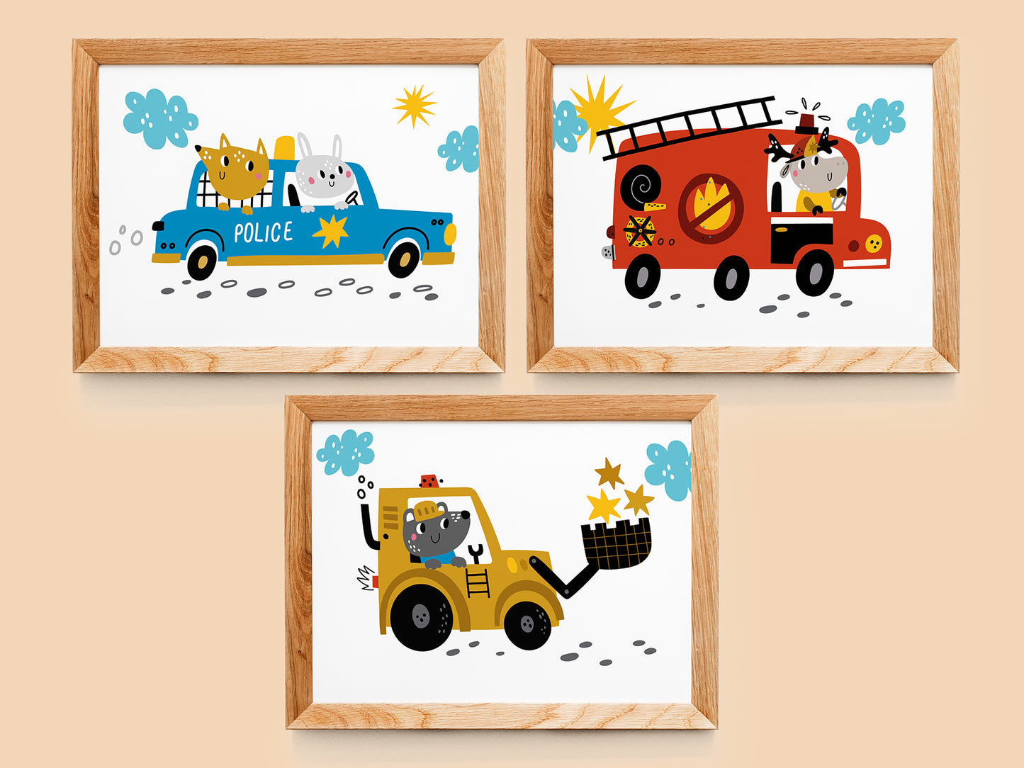 4 affiches tractopelle de chantier, voiture police, camion pompier et ambulance