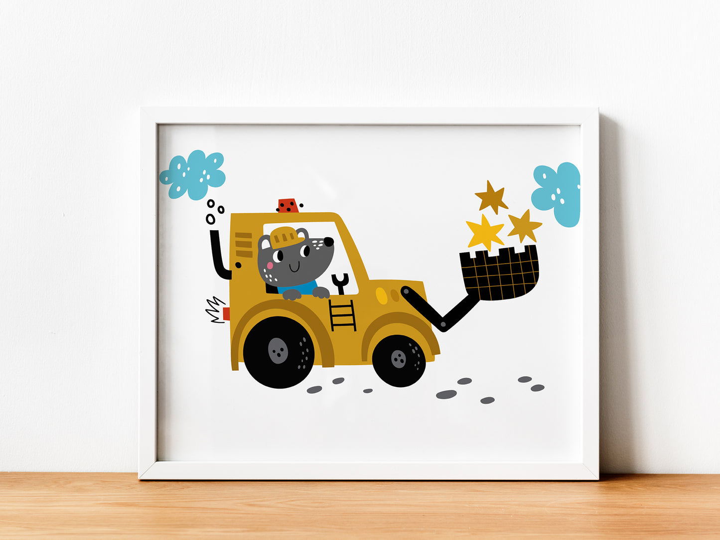 4 affiches tractopelle de chantier, voiture police, camion pompier et ambulance