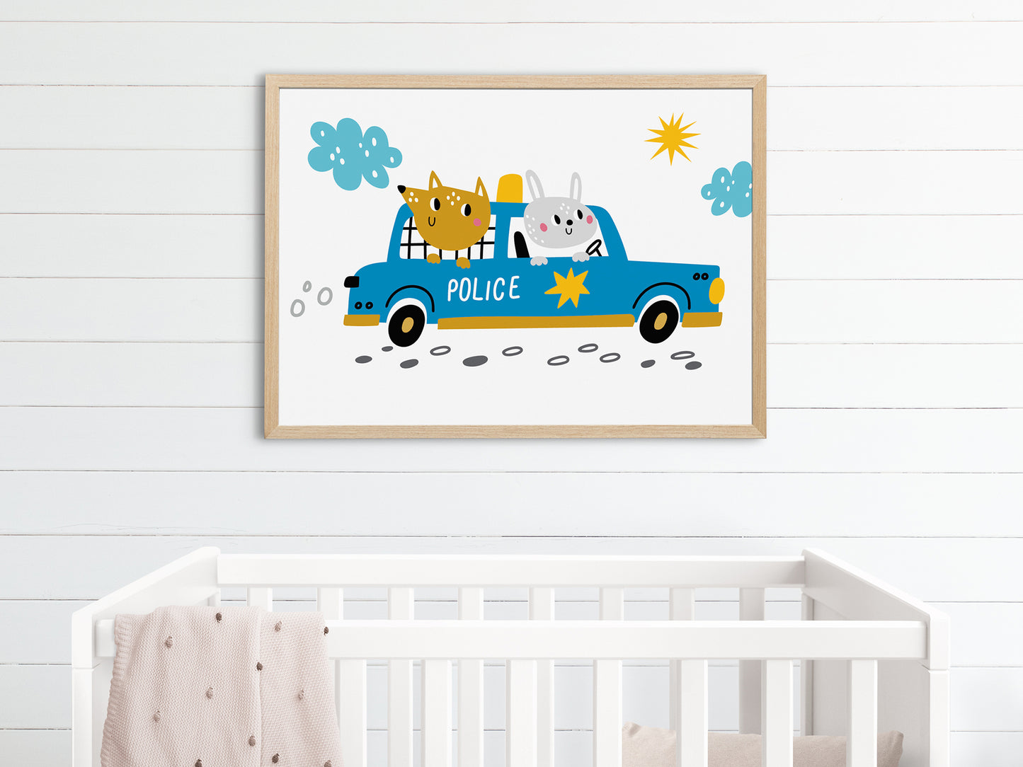 4 affiches tractopelle de chantier, voiture police, camion pompier et ambulance