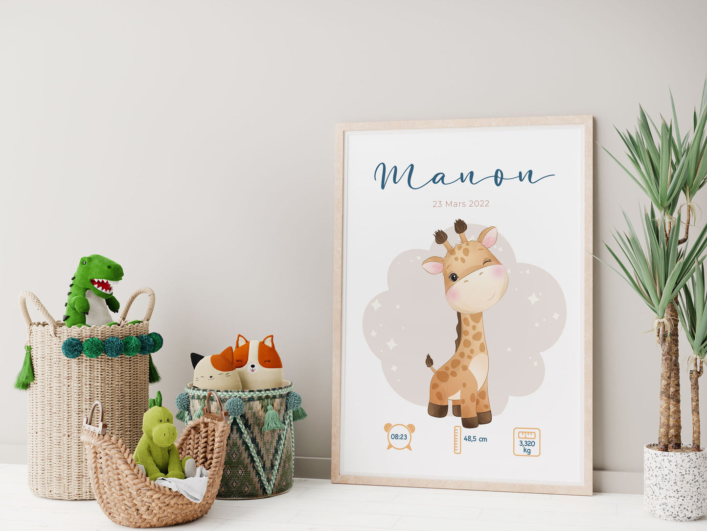 Affiche de naissance personnalisée "Girafe" - Affiche bébé souvenir - Prénom, poids, taille et heure