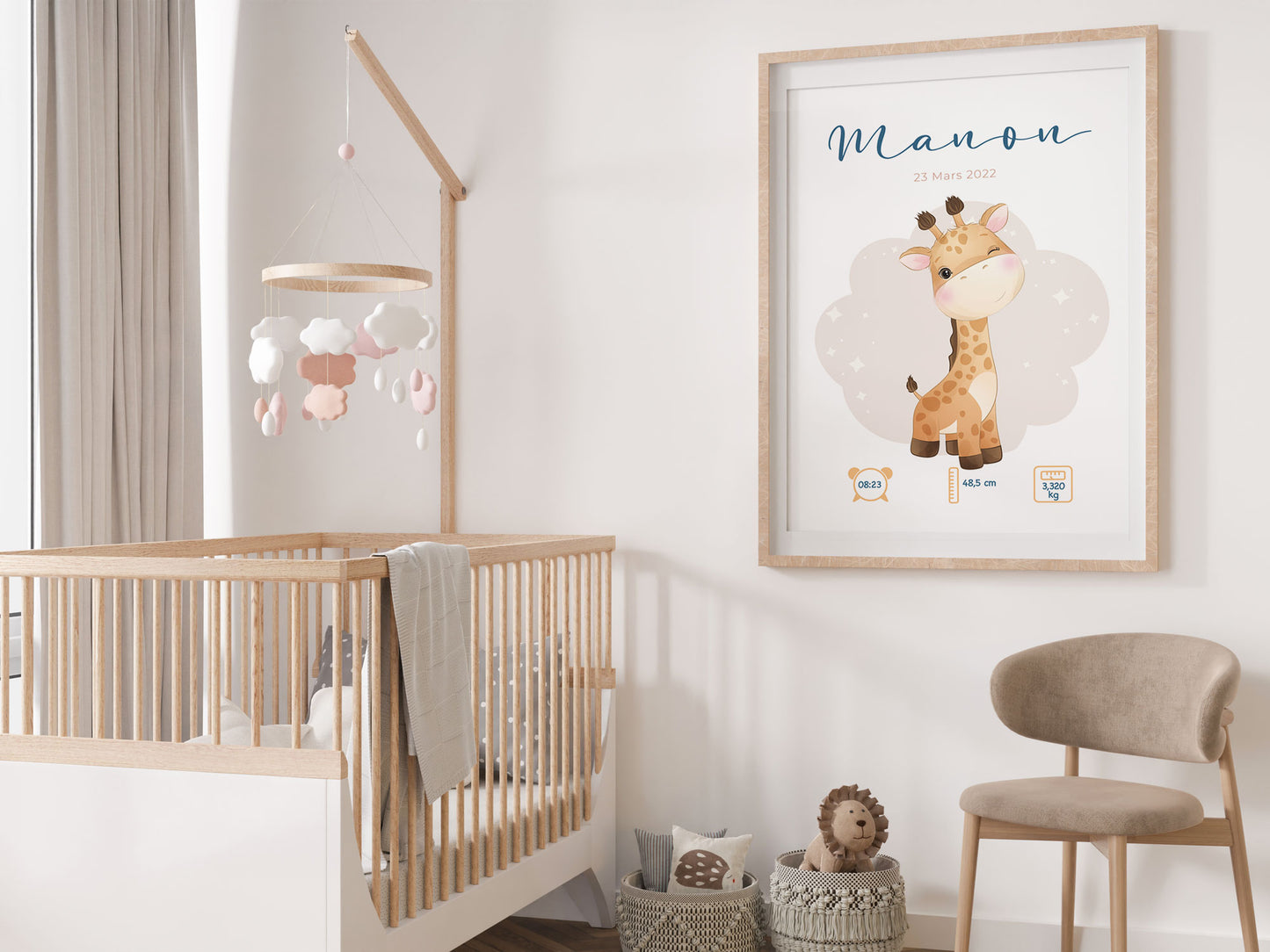 Affiche de naissance personnalisée "Girafe" - Affiche bébé souvenir - Prénom, poids, taille et heure