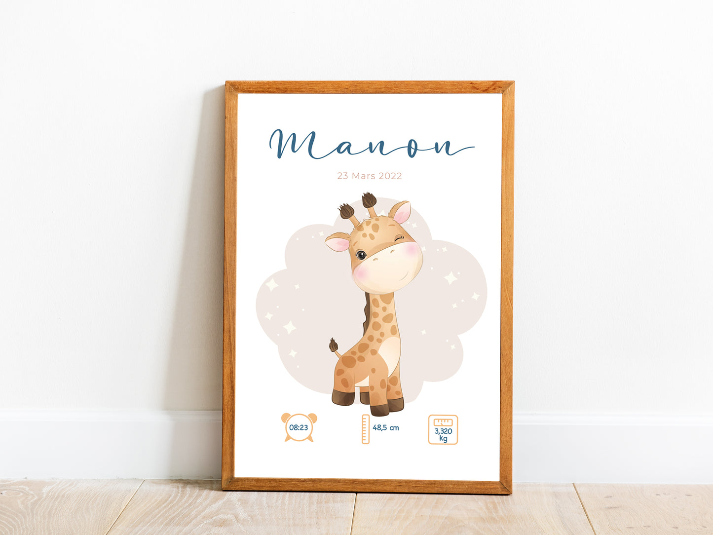Affiche de naissance personnalisée "Girafe" - Affiche bébé souvenir - Prénom, poids, taille et heure