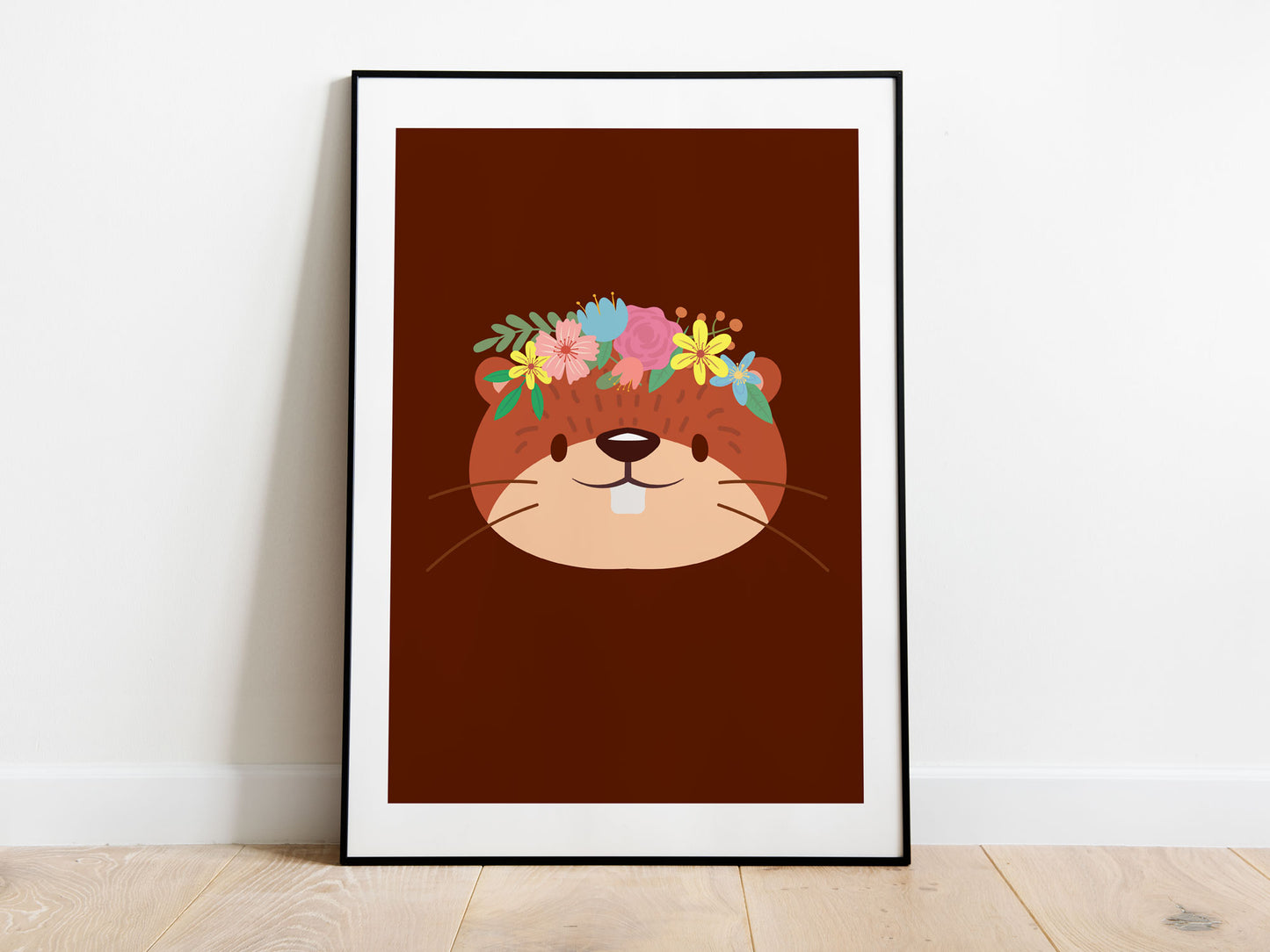 Affiche castor Animaux portrait romantique à couronne de fleurs