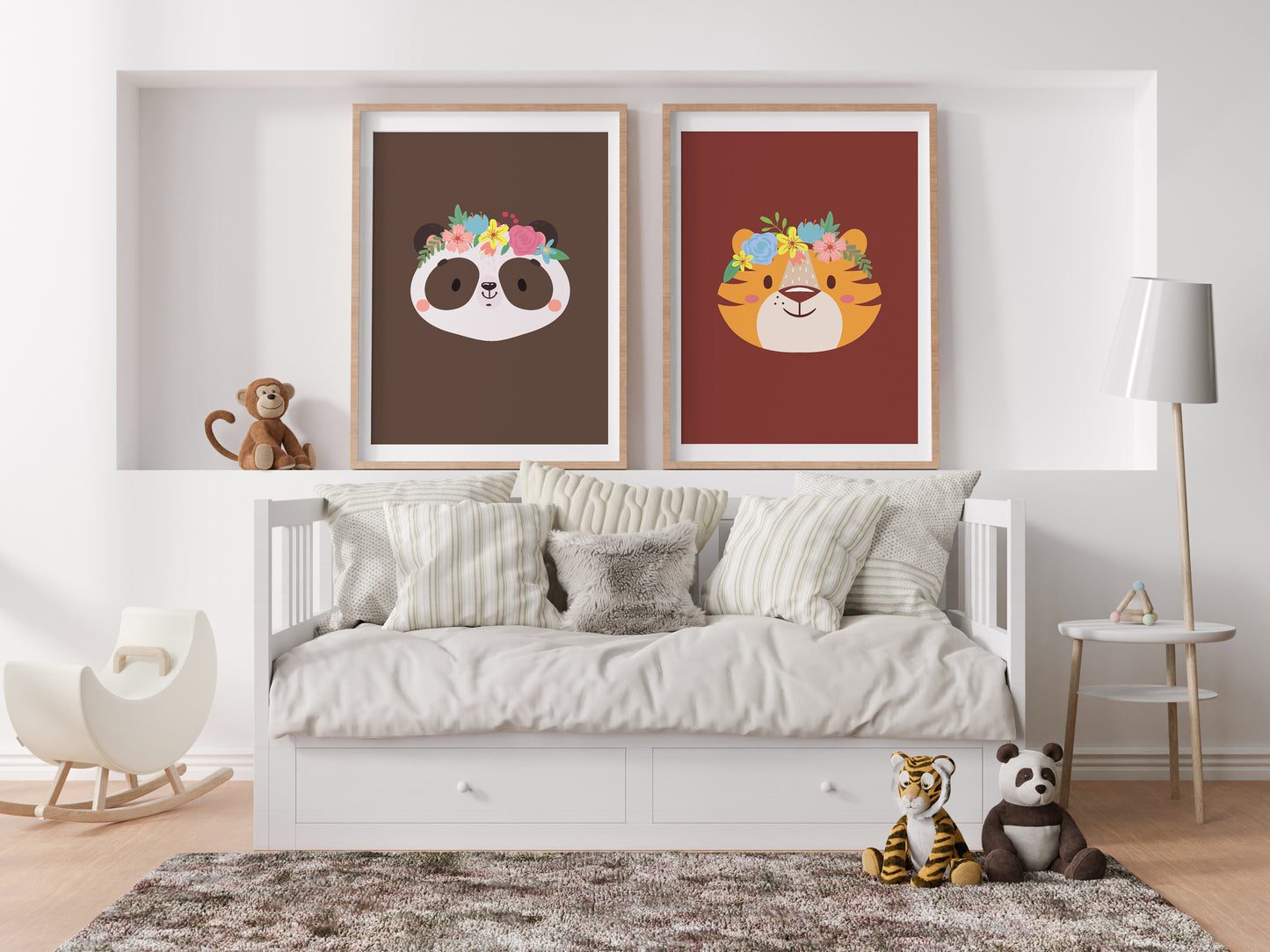 Romantic flower animal poster - deer rabbit lion panda koala bear fox forest jungle savannah - child girl boy - bedroom poster decoration