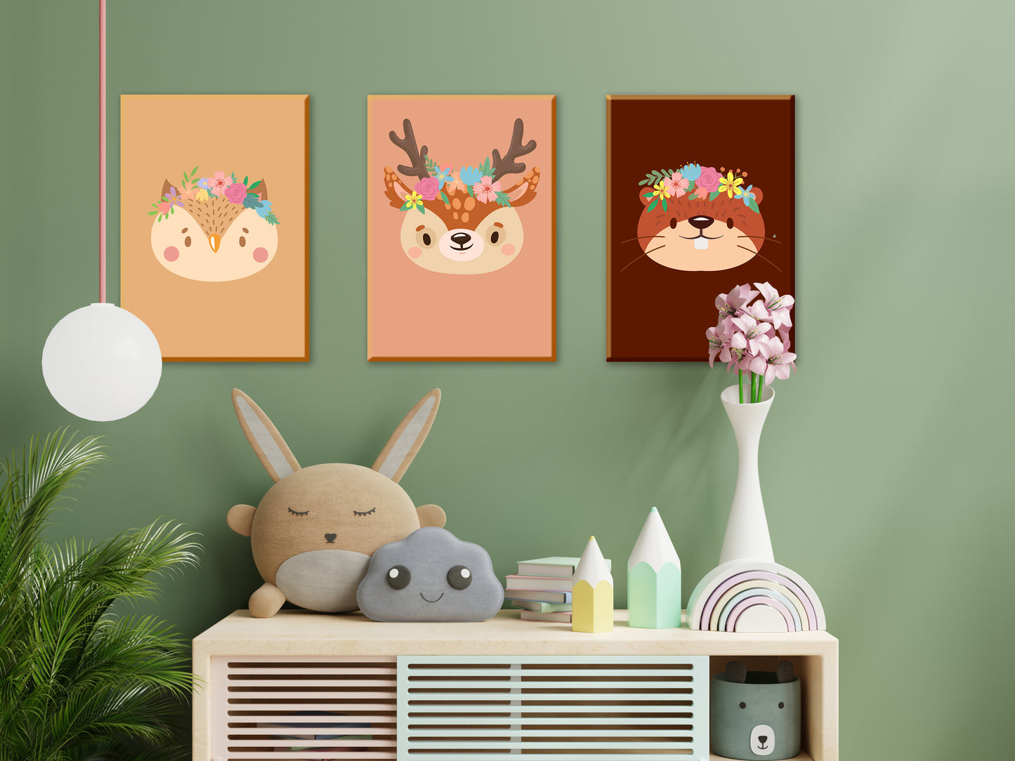 Affiche hibou Animaux portrait romantique avec couronne de fleurs