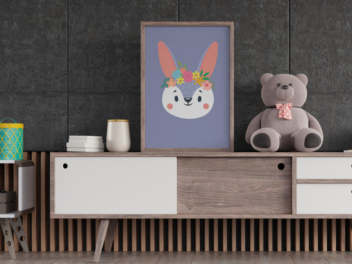 Affiche lapin Animaux portrait romantique à fleurs