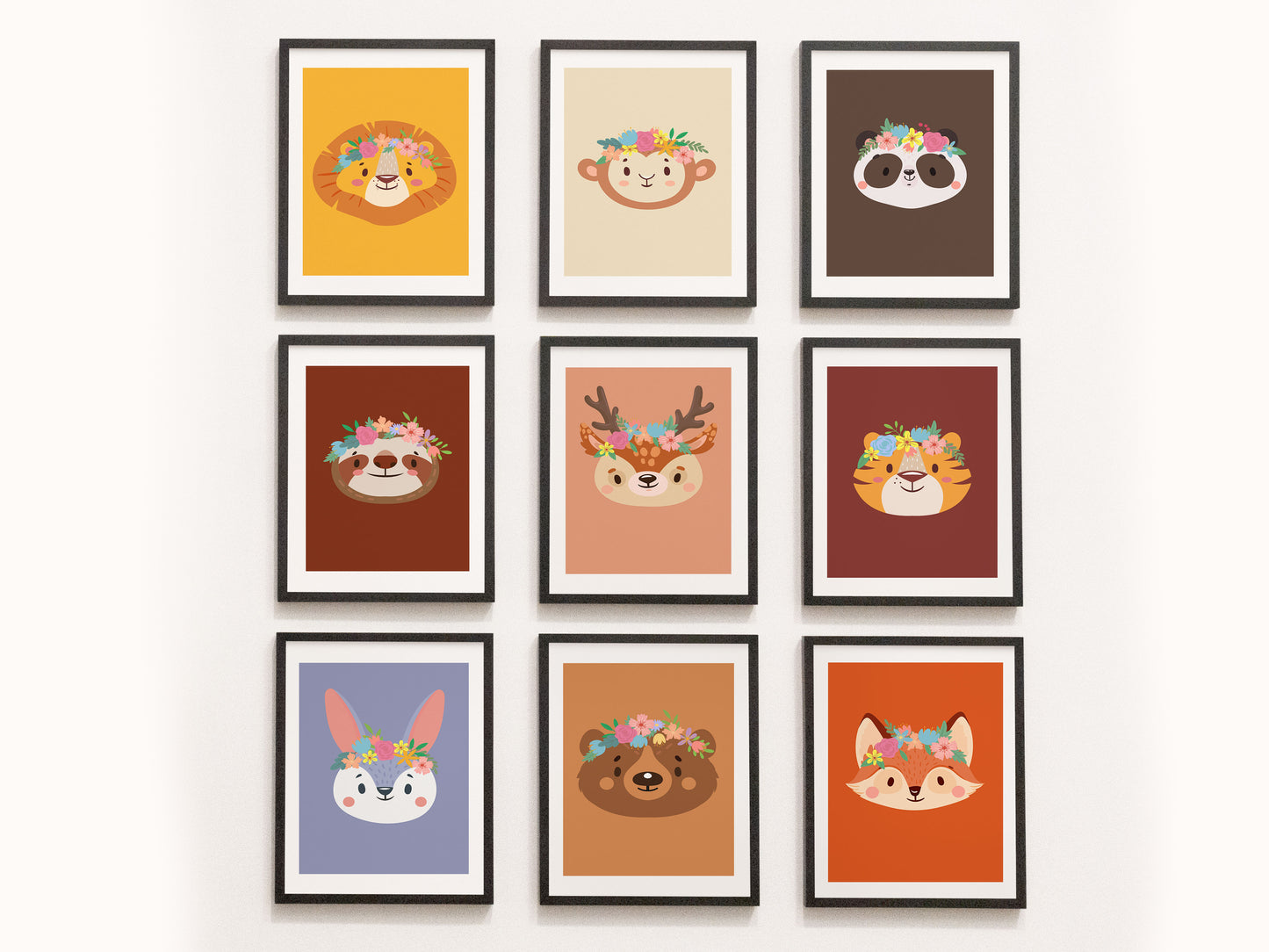Romantic flower animal poster - deer rabbit lion panda koala bear fox forest jungle savannah - child girl boy - bedroom poster decoration