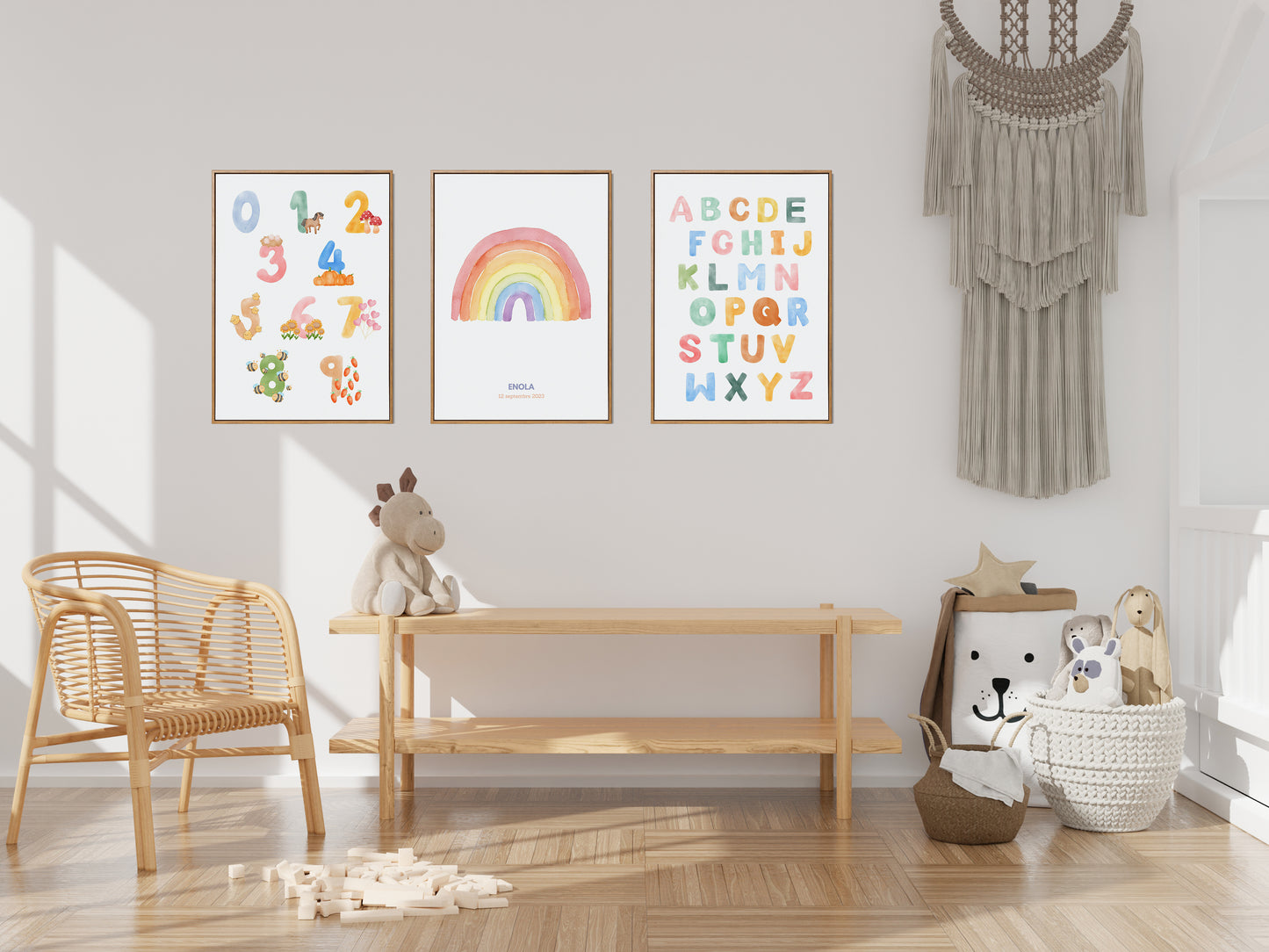 Triptyque Enchanteur pour Enfant - Abécédaire Coloré, Nombres & Arc-en-Ciel Personnalisé