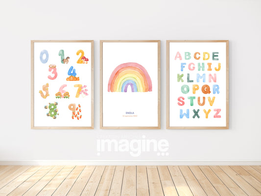 Triptyque Enchanteur pour Enfant - Abécédaire Coloré, Nombres & Arc-en-Ciel Personnalisé