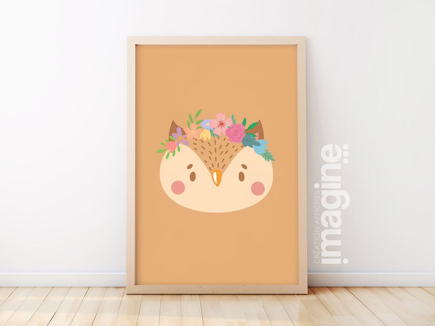 Affiche hibou Animaux portrait romantique avec couronne de fleurs