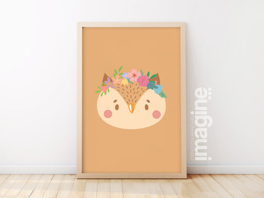 Affiche hibou Animaux portrait romantique avec couronne de fleurs
