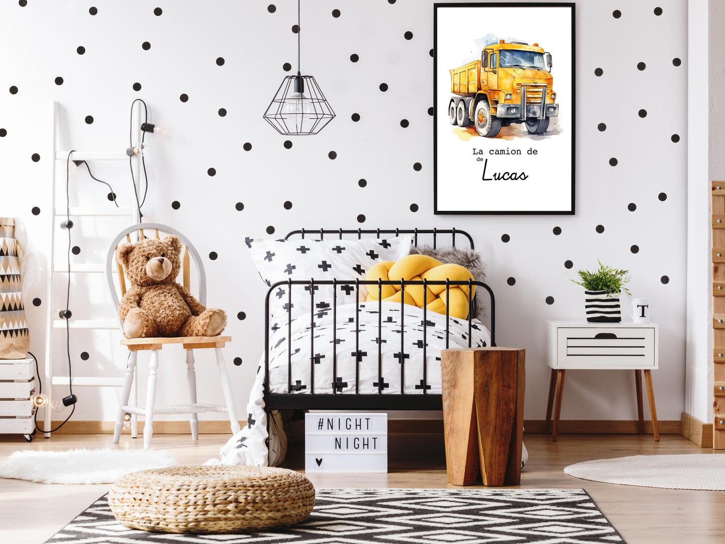 Affiche Personnalisée camion jaune de chantier - Le camion de {Prénom de l'Enfant} pour les petits fans de chantier et travaux