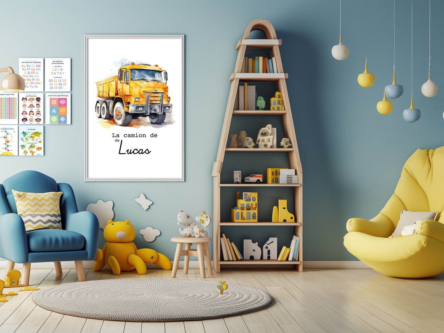 Affiche Personnalisée camion jaune de chantier - Le camion de {Prénom de l'Enfant} pour les petits fans de chantier et travaux