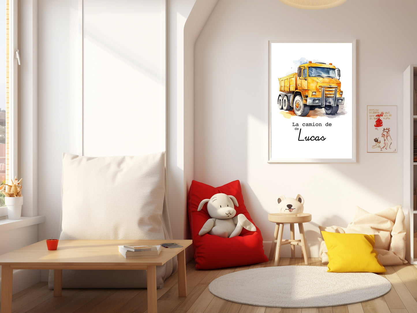 Affiche Personnalisée camion jaune de chantier - Le camion de {Prénom de l'Enfant} pour les petits fans de chantier et travaux